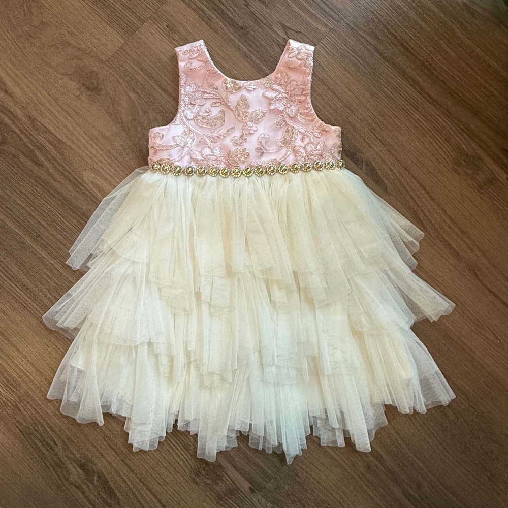 American Princess Girls Pink Gold Lace Tulle Tiered Special Occasion Dress 4